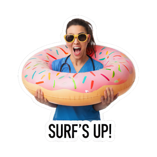 Woman with donut floatie. Doctor's Beach Holiday sticker for expressive chats and social replies.