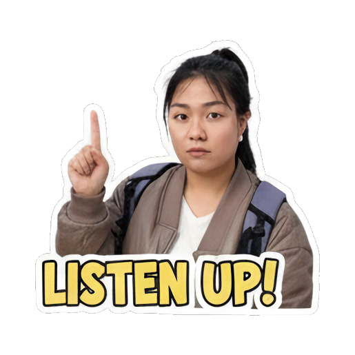 老师严肃地指着上方，提醒“LISTEN UP!”。 Teacher's School Life sticker for expressive chats and social replies.