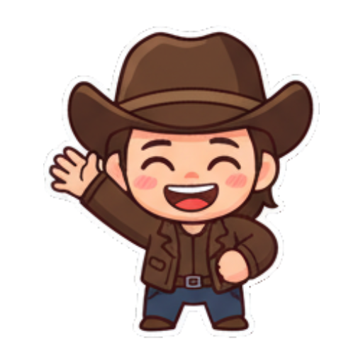 Chibi cowboy waving hello happily. Chibi Cowboy Express sticker for expressive chats and social replies.