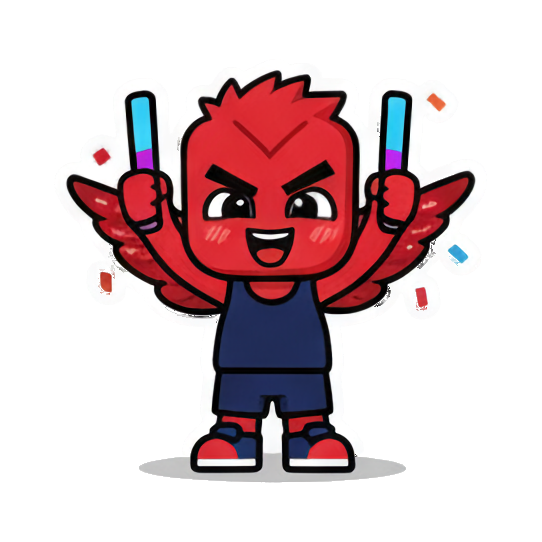 Excited chibi celebrating. Little Red Winged Chibi sticker for expressive chats and social replies.