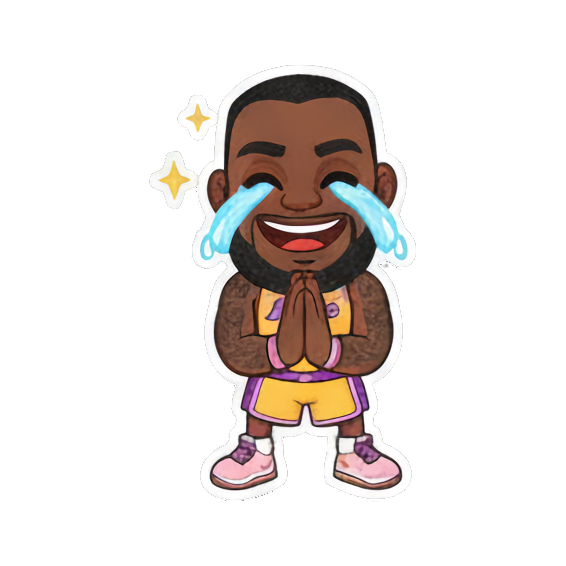 Crying tears of joy, hands in prayer Chibi LeBron James Stickers sticker for expressive chats and social replies.