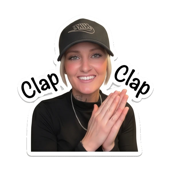 Woman clapping hands, smiling, text Clap Cool Girl Daily Vibes sticker for expressive chats and social replies.