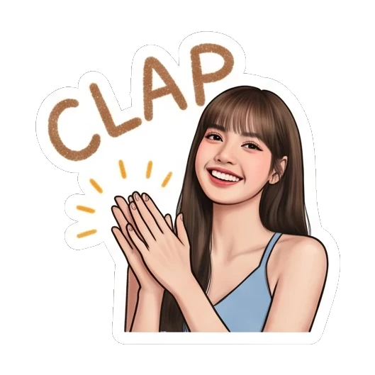 Young woman clapping hands with a smile and CLAP text. Lisa Daily Vibes sticker for expressive chats and social replies.