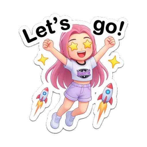 Pink-haired girl jumping with star eyes and rocket icons with text Let's go! Pinky Pop Adventures sticker for expressive chats and social replies.