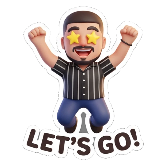 Bearded man jumping with excitement and 'LET'S GO!' text. Modern Bearded Guy sticker for expressive chats and social replies.