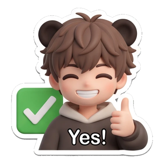 Happy boy with bear ears giving thumbs up with text Yes. Brown Bear Boy Daily sticker for expressive chats and social replies.