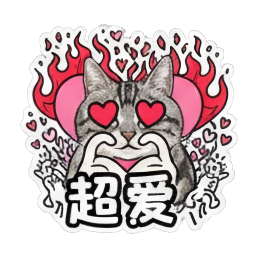 Cat with heart eyes making heart gesture and text 超爱 Keith Haring Style Cat Expressions sticker for expressive chats and social replies.