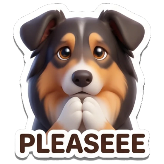 Border Collie looking hopeful with paws together, text PLEASEEE Cheerful Border Collie Expressions sticker for expressive chats and social replies.