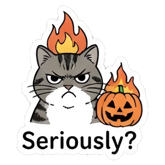 Angry tabby cat with fire on head, text Seriously? Spooky Tabby Cat Adventures sticker for expressive chats and social replies.