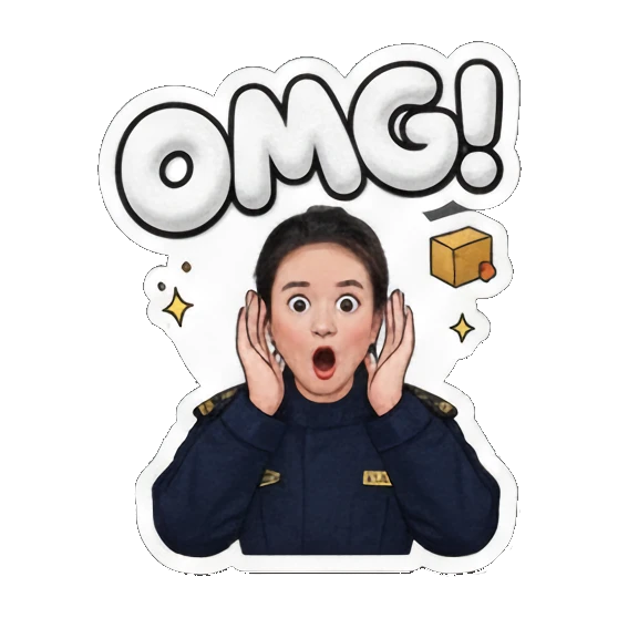 Female officer surprised, exclaiming "OMG!". Delivery Dispatcher's Diary sticker for expressive chats and social replies.