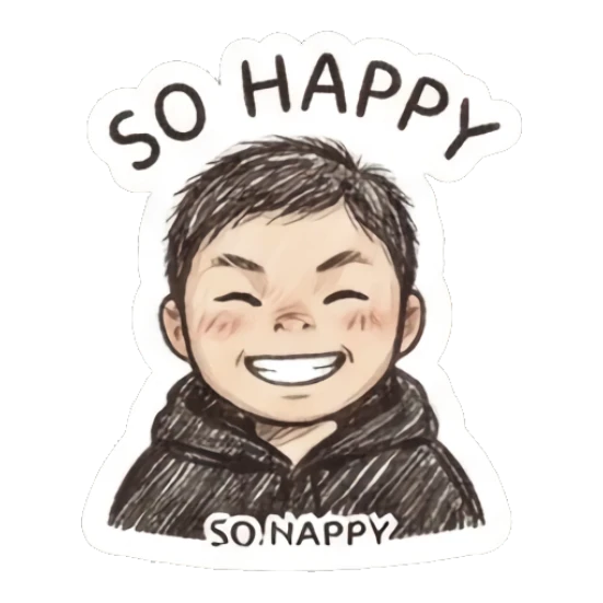 Happy boy smiling broadly with text SO HAPPY. Little Boy Doodle Expressions sticker for expressive chats and social replies.