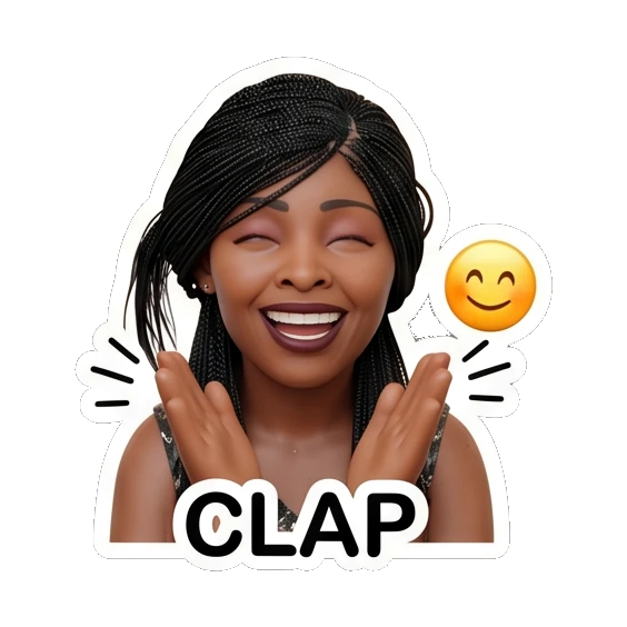 Woman clapping hands with a happy expression, text CLAP Chic Afro-Textured Daily Expressions sticker for expressive chats and social replies.