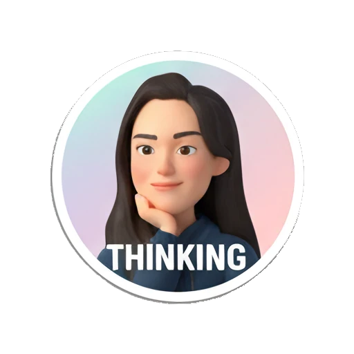 Young woman resting chin on hand, looking contemplative, text THINKING My Daily 3D Avatar sticker for expressive chats and social replies.