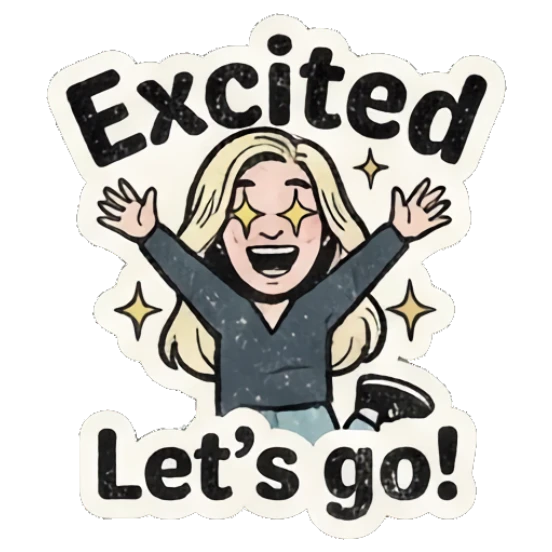 Excited blonde girl with star-shaped eyes and arms raised in celebration. Retro Blonde Comic Vibes sticker for expressive chats and social replies.