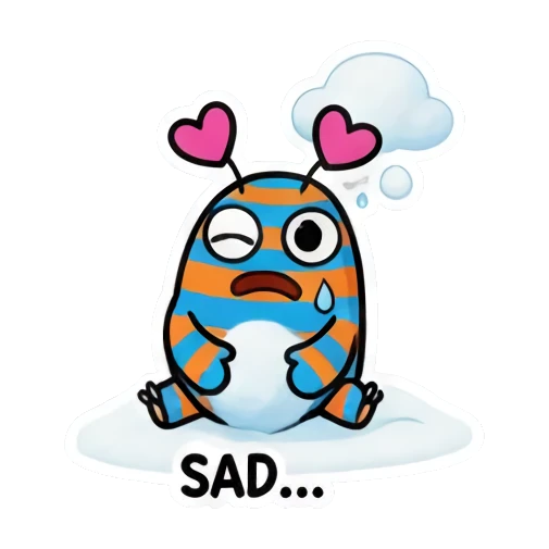 Sad monster sitting in snow, text SAD... Striped Monster Winter Fun sticker for expressive chats and social replies.
