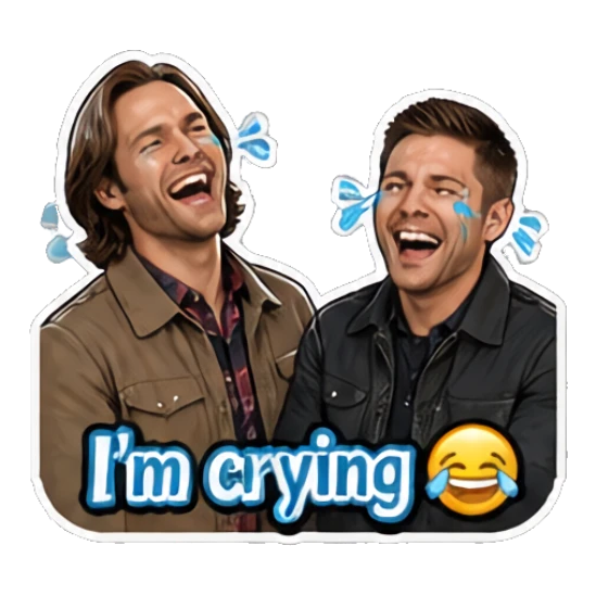 Two men laughing with tears of joy, text 'I'm crying' Supernatural Duo Vibes sticker for expressive chats and social replies.
