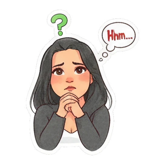 Young woman thinking with a question mark and 'Hmm...' text. Modern Girl Daily Expressions sticker for expressive chats and social replies.