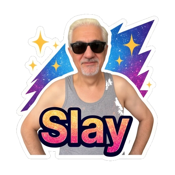 Man wearing sunglasses looking cool with 'Slay' text. Silver Fox Daily Vibes sticker for expressive chats and social replies.