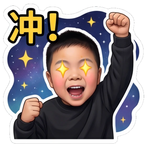 Boy cheering with glowing eyes, labeled '冲!'. Little Astronaut Daily sticker for expressive chats and social replies.