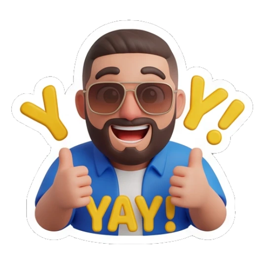 Happy bearded man with sunglasses giving two thumbs up, YAY Bearded Buddy Daily Vibes sticker for expressive chats and social replies.