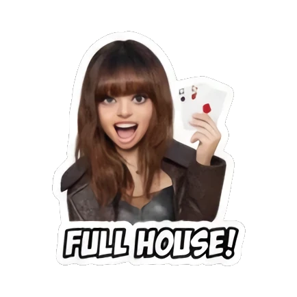 Gamer girl holding playing cards with 'FULL HOUSE!' text, excited expression. Gamer Girl Adventures sticker for expressive chats and social replies.