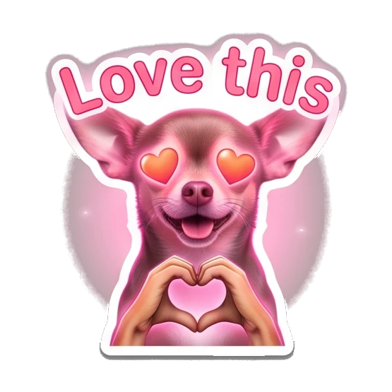 Chihuahua making a heart shape with paws and heart eyes, text Love this Chihuahua Moods sticker for expressive chats and social replies.