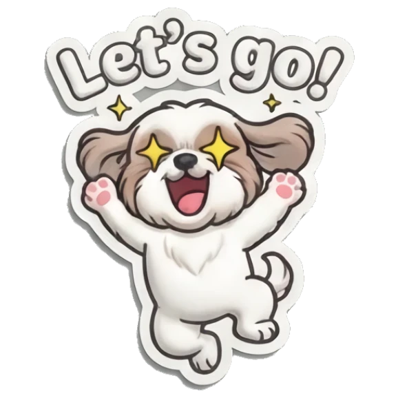 Shih Tzu jumping with excitement and star eyes Puffy Shih Tzu Pals sticker for expressive chats and social replies.