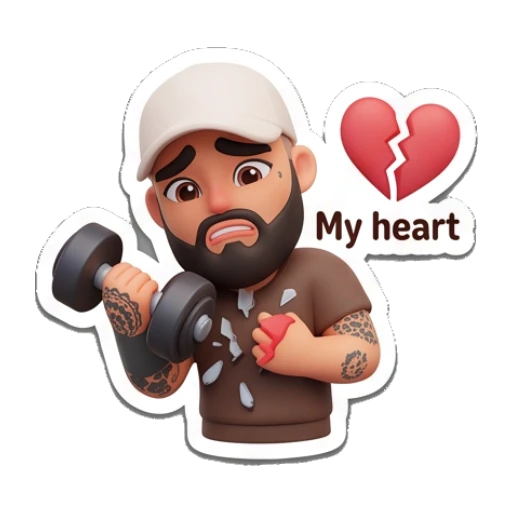 Man lifting a dumbbell with a broken heart, text 'My heart' Gym Bro Daily Life sticker for expressive chats and social replies.