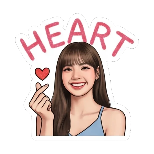 Young woman making a finger heart gesture and HEART text. Lisa Daily Vibes sticker for expressive chats and social replies.