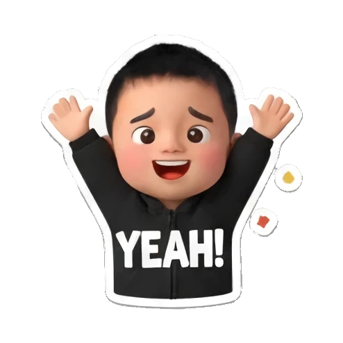 Boy cheering with hands up and YEAH! text Little Boy Daily Vibes sticker for expressive chats and social replies.