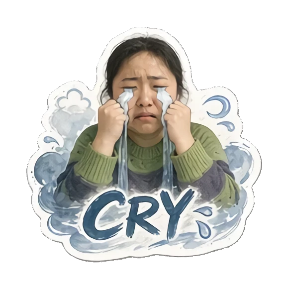 Young woman crying with blue water effects saying CRY Cheerful Daily Life of a Young Woman sticker for expressive chats and social replies.