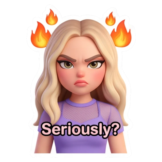 Blonde girl looking angry with fire background and Seriously text Blonde Girl Daily Vibes sticker for expressive chats and social replies.