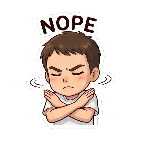 Boy crossing arms in a firm rejection or nope gesture. Daily Life of a Chibi Boy sticker for expressive chats and social replies.