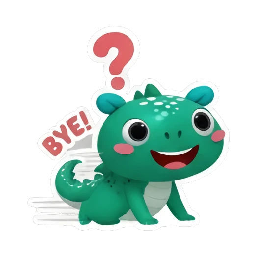 Green dinosaur looking back with a question mark and BYE text Little Green Dino Adventures sticker for expressive chats and social replies.