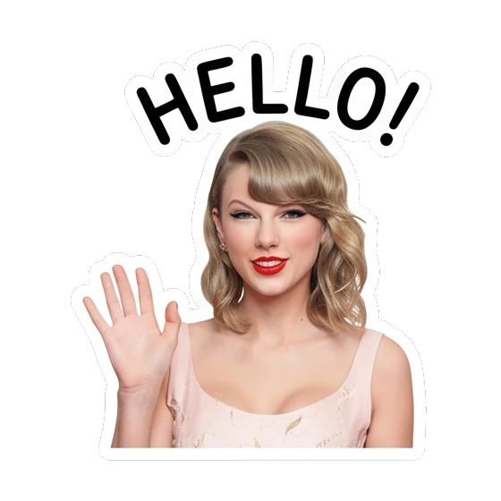 Taylor Swift waving hand, smiling, text HELLO! Taylor Swift Iconic Expressions sticker for expressive chats and social replies.