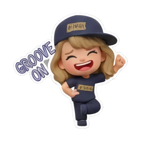 Blonde girl in a cap dancing happily, text 'GROOVE ON' Chibi Pop Star Life sticker for expressive chats and social replies.
