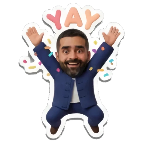 Bearded man jumping with joy and confetti with text YAY Cheerful Bearded Professional sticker for expressive chats and social replies.
