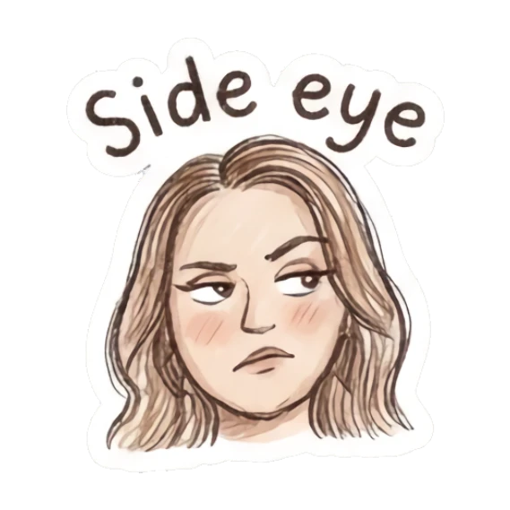 Girl giving a skeptical side eye, text Side eye Charming Doodle Girl Expressions sticker for expressive chats and social replies.