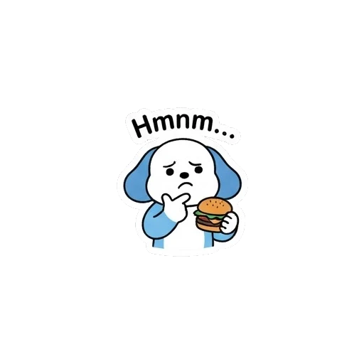 Pensive puppy thinking with burger Blue Puppy Burger Buddy sticker for expressive chats and social replies.