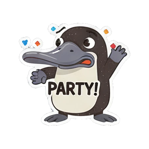 Dancing platypus with confetti and PARTY! text Playful Platypus Pals sticker for expressive chats and social replies.