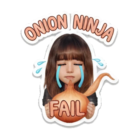 Girl chef crying over onion, sad, ONION NINJA FAIL Little Chef Adventures sticker for expressive chats and social replies.