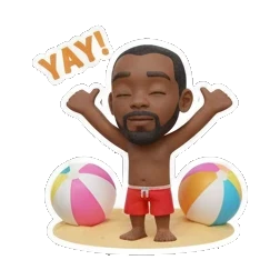 Man cheering with beach balls, text YAY! Summer Beach Vibes sticker for expressive chats and social replies.