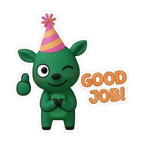 Green deer wearing party hat giving thumbs up with GOOD JOB text Green Deer Joyful Adventures sticker for expressive chats and social replies.