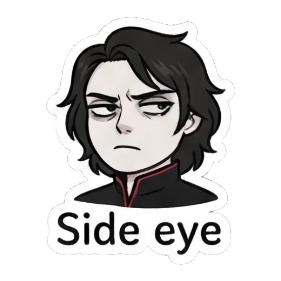 Rocker boy giving a skeptical side-eye look with 'Side eye' text. Emo Rocker Daily Vibes sticker for expressive chats and social replies.