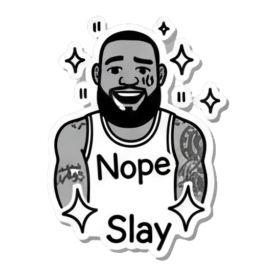 Basketball player smiling brightly with sparkles, text Slay. King James Pop Art Vibes sticker for expressive chats and social replies.