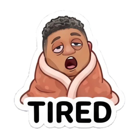 Man wrapped in blanket looking sleepy, text TIRED Cool Guy Daily Vibes sticker for expressive chats and social replies.