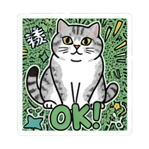 cat laughing with red cape charging Pop Art Cat Vibes sticker for expressive chats and social replies.