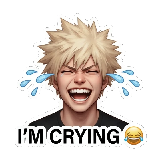 Spiky hair boy laughing with tears of joy streaming down. Spiky Hair Anime Boy Expressions sticker for expressive chats and social replies.