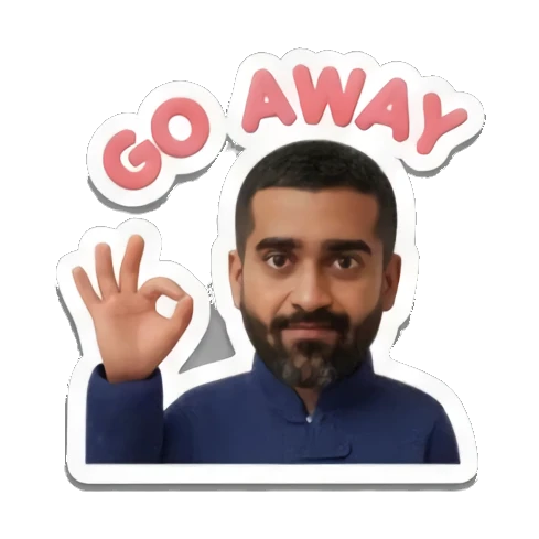 Bearded man making OK gesture with dismissive look with text GO AWAY Cheerful Bearded Professional sticker for expressive chats and social replies.