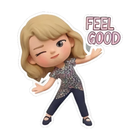 Blonde girl winking and posing, text 'FEEL GOOD' Chibi Pop Star Life sticker for expressive chats and social replies.